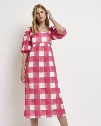 RIVER ISLAND PINK GINGHAM MIDI DRESS / check print tie back detail dresses / women’s checked summer fashion