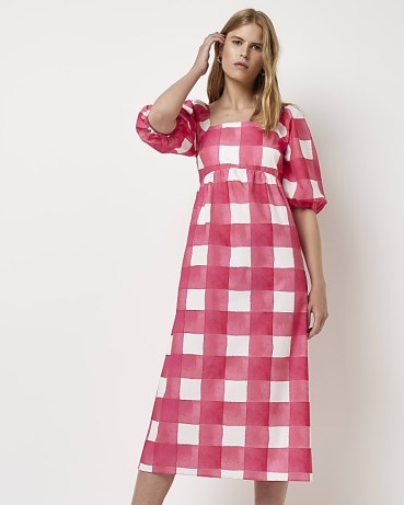 RIVER ISLAND PINK GINGHAM MIDI DRESS / check print tie back detail dresses / women’s checked summer fashion - flipped