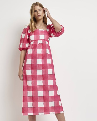 RIVER ISLAND PINK GINGHAM MIDI DRESS / check print tie back detail dresses / women’s checked summer fashion