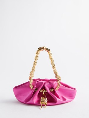 GIVENCHY Kenny padlocked satin clutch bag in pink – small luxe gathered detail bags – gold chain G-link top handle – designer occasion handbags – MATCHESFASHION - flipped