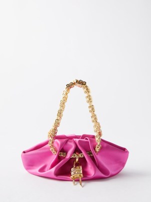 GIVENCHY Kenny padlocked satin clutch bag in pink – small luxe gathered detail bags – gold chain G-link top handle – designer occasion handbags – MATCHESFASHION