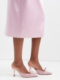 MACH & MACH Marle 85 crystal-embellished satin mules in pink ~ bow detail pointed toe mules covered in crystals ~ MATCHESFASHION