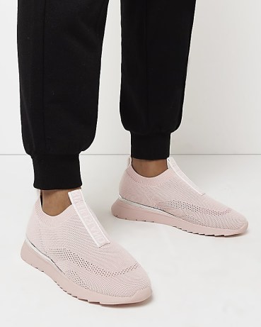 RIVER ISLAND PINK MONOGRAM KNITTED TRAINERS ~ women’s slip on sneakers - flipped