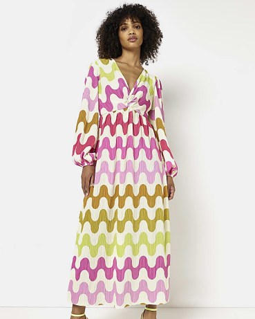 RIVER ISLAND PINK PLISSE SWIRL MIDI DRESS – retro inspired prints on women’s evening fashion ~ vintage look going out dresses - flipped