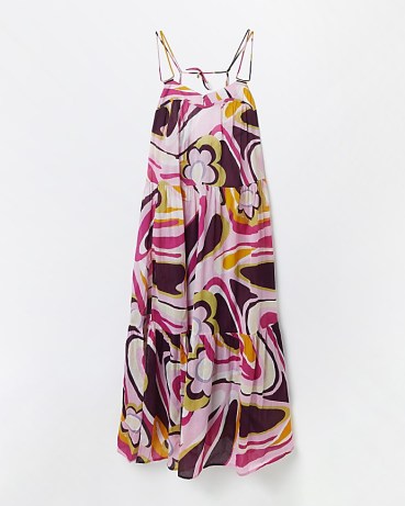 RIVER ISLAND PINK PRINTED MAXI BEACH DRESS ~ women’s tiered hem strappy back holiday dresses ~ womens retro floral print beachwear ~ pool cover ups ~ poolside fashion - flipped