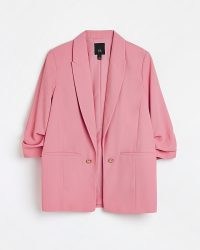 RIVER ISLAND PINK RUCHED SLEEVE BLAZER – women’s on-trend gathered sleeve jackets – womens 3/4 length sleeved blazers