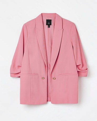 RIVER ISLAND PINK RUCHED SLEEVE BLAZER – women’s on-trend gathered sleeve jackets – womens 3/4 length sleeved blazers - flipped