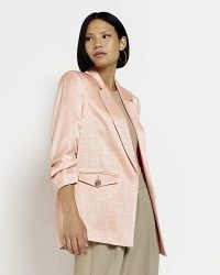 RIVER ISLAND PINK RUCHED SLEEVES BLAZER ~ women’s open front shiny fabric blazers