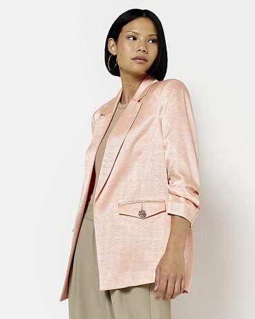RIVER ISLAND PINK RUCHED SLEEVES BLAZER ~ women’s open front shiny fabric blazers - flipped