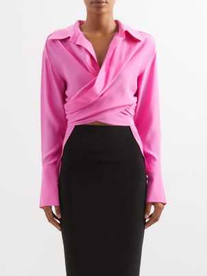 GAUGE81 Sabinas wrap-front silk top in pink ~ asymmetric dip hem tops ~ women’s contemporary oversized collar shirts ~ chic fashion - flipped