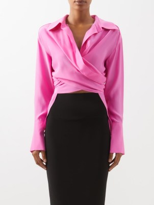 GAUGE81 Sabinas wrap-front silk top in pink ~ asymmetric dip hem tops ~ women’s contemporary oversized collar shirts ~ chic fashion