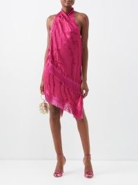 TALLER MARMO Samba fringed jacquard-satin mini dress in pink ~ asymmetric fringe trimmed halterneck dresses ~ MATCHESFASHION