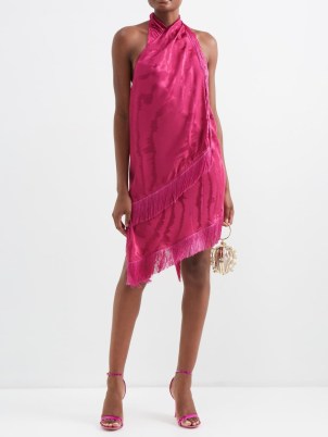 TALLER MARMO Samba fringed jacquard-satin mini dress in pink ~ asymmetric fringe trimmed halterneck dresses ~ MATCHESFASHION - flipped