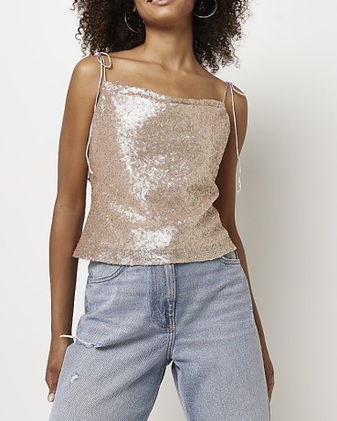 RIVER ISLAND PINK SEQUIN 90S CAMI ~ tie shoulder strap sequinned camisoles - flipped