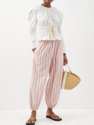 VIKA 2.0 Striped organic-cotton blend voile trousers in pink ~ women’s roomy balloon leg candy stripe pants ~ cuffed hem ~ MATCHESFASHION