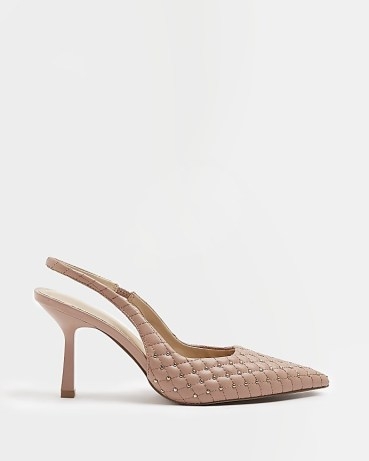 RIVER ISLAND PINK STUD HEELED COURT SHOES ~ quilted studded slingback courts ~ embellished pointed toe slingbacks ~ women’s on-trend shoes - flipped