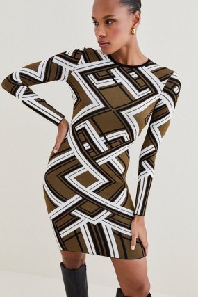 KAREN MILLEN Placement Stripe Jacquard Knit Pencil Midi Dress in Khaki – women’s long sleeved geo print dresses – bold geometric prints on womens clothes - flipped