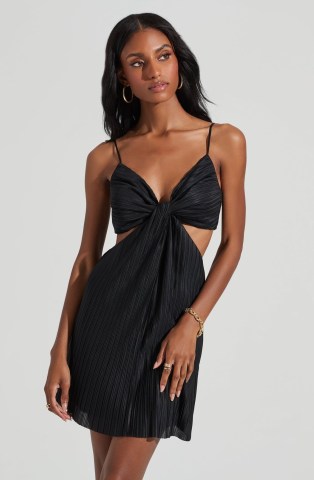 ASTR THE LABEL PLISSE CUTOUT MINI DRESS in Black | strappy plunge front evening dresses | spaghetti strap LBD | cut out detail fashion | plunging necklines - flipped