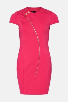 KAREN MILLEN Ponte Zip Detail Cap Sleeve Mini Dress in Fuchsia ~ hot pink zip detail dresses - flipped