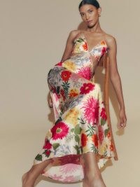 Reformation Poppies Silk Dress in Fabrizia – luxe floral print cut out dresses – spaghetti strap fashion – luxury silk charmeuse clothes – vibrant prints