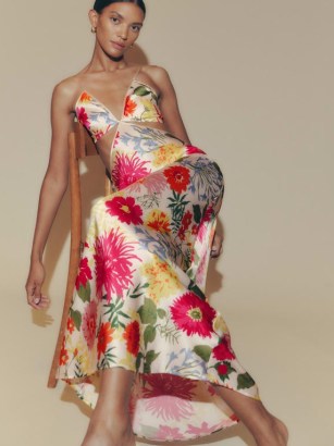 Reformation Poppies Silk Dress in Fabrizia – luxe floral print cut out dresses – spaghetti strap fashion – luxury silk charmeuse clothes – vibrant prints - flipped