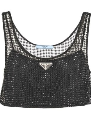 Prada rhinestone mesh cropped top in black / shimmering sheer overlay crop tops with rhinestones / FARFETCH / women’s designer fashion - flipped