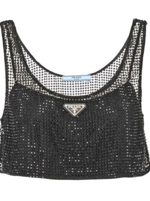 Prada rhinestone mesh cropped top in black / shimmering sheer overlay crop tops with rhinestones / FARFETCH / women’s designer fashion