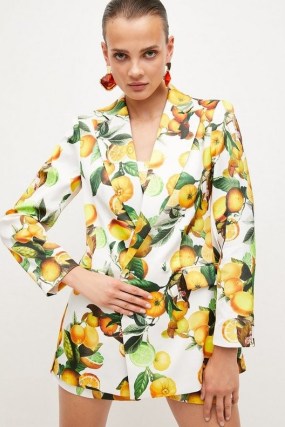 KAREN MILLEN Quality Italian Satin Citrus Print Db Jacket – women’s printed double breasted occasion jackets – fruit prints on womens clothes – glamorous evening look - flipped