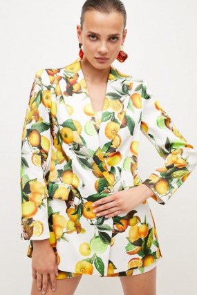KAREN MILLEN Quality Italian Satin Citrus Print Db Jacket – women’s printed double breasted occasion jackets – fruit prints on womens clothes – glamorous evening look