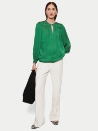 JIGSAW Recycled Satin Drape Top Green ~ women’s long sleeved fluid fabric tops
