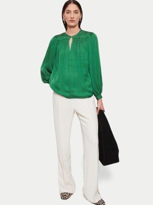 JIGSAW Recycled Satin Drape Top Green ~ women’s long sleeved fluid fabric tops - flipped