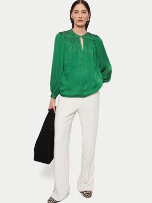 JIGSAW Recycled Satin Drape Top Green ~ women’s long sleeved fluid fabric tops