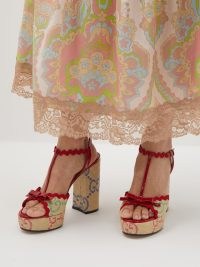 GUCCI Kertu raffia-jacquard block-heel sandals in red ~ patent leather trimmed block heel platforms ~ women’s 70s retro inspired footwear ~ MATCHESFASHION ~ womens 1970s vintage style platform shoes