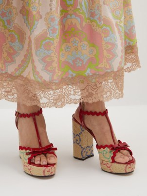 GUCCI Kertu raffia-jacquard block-heel sandals in red ~ patent leather trimmed block heel platforms ~ women’s 70s retro inspired footwear ~ MATCHESFASHION ~ womens 1970s vintage style platform shoes - flipped