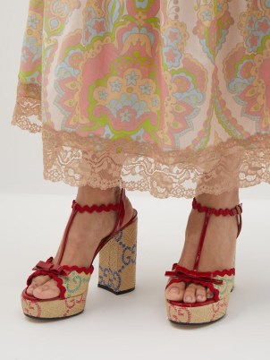 GUCCI Kertu raffia-jacquard block-heel sandals in red ~ patent leather trimmed block heel platforms ~ women’s 70s retro inspired footwear ~ MATCHESFASHION ~ womens 1970s vintage style platform shoes