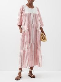 VIKA 2.0 Striped organic-cotton midi kaftan dress in pink ~ floral applique relaxed fit tunic dresses ~ womens on-trend tiered clothes ~ MATCHESFASHION