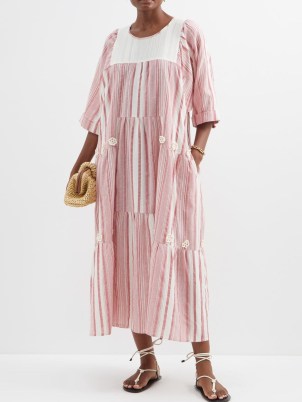 VIKA 2.0 Striped organic-cotton midi kaftan dress in pink ~ floral applique relaxed fit tunic dresses ~ womens on-trend tiered clothes ~ MATCHESFASHION - flipped