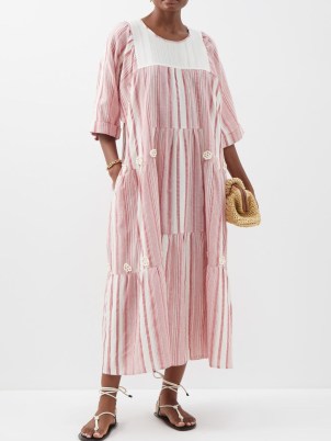 VIKA 2.0 Striped organic-cotton midi kaftan dress in pink ~ floral applique relaxed fit tunic dresses ~ womens on-trend tiered clothes ~ MATCHESFASHION