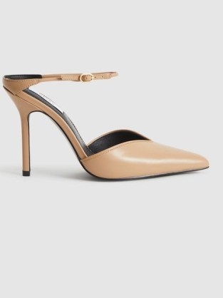 REISS BANBURY COURT SHOES in BISCUIT ~ luxe ankle strap courts ~ women’s chic pointed toe occasion shoes ~ soft neutral leather evening heels - flipped