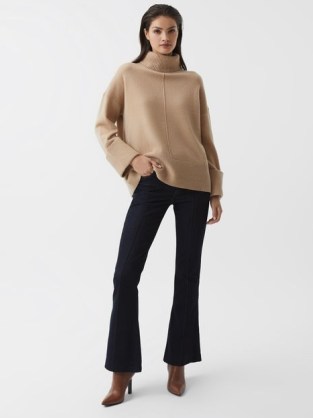 REISS SARAH CASHMERE BLEND ROLL NECK JUMPER CAMEL ~ light brown relaxed fit drop shoulder jumpers ~ high neck sweaters ~ women’s stylish knitwear - flipped