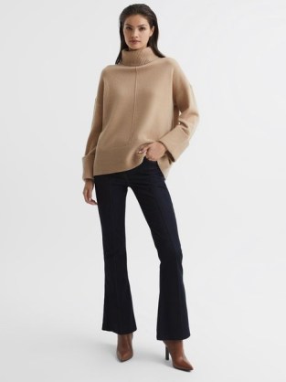 REISS SARAH CASHMERE BLEND ROLL NECK JUMPER CAMEL ~ light brown relaxed fit drop shoulder jumpers ~ high neck sweaters ~ women’s stylish knitwear