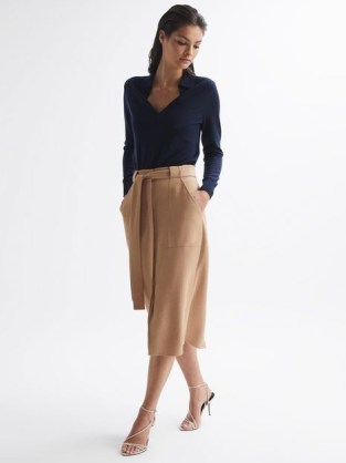 REISS DANI BUTTON-UP SLIP SKIRT CAMEL ~ light brown belted self tie waist skirts ~ women’s wardrobe essentials