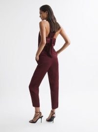 REISS FRIDA BOW-BACK JUMPSUIT BURGUNDY ~ sleeveless cowl neck evening jumpsuits ~ women’s chic party clothes ~ self tie waist