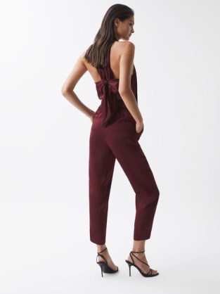 REISS FRIDA BOW-BACK JUMPSUIT BURGUNDY ~ sleeveless cowl neck evening jumpsuits ~ women’s chic party clothes ~ self tie waist - flipped