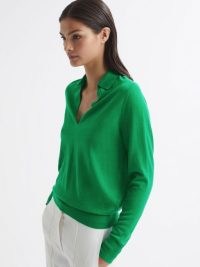 REISS CANDISE COLLARED KNITTED JUMPER GREEN ~ women’s polo style jumpers