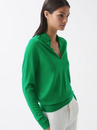 REISS CANDISE COLLARED KNITTED JUMPER GREEN ~ women’s polo style jumpers - flipped