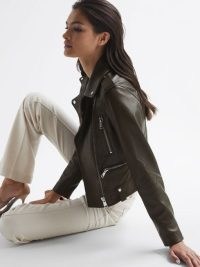 REISS SANTIAGO LEATHER BIKER JACKET GREEN ~ women’s luxe stud and zip detail jackets