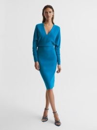 REISS JENNA CASHMERE BLEND RUCHED SLEEVE DRESS BLUE ~ chic long sleeved V-neck sweater dresses ~ luxe knitwear