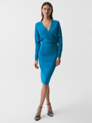 REISS JENNA CASHMERE BLEND RUCHED SLEEVE DRESS BLUE ~ chic long sleeved V-neck sweater dresses ~ luxe knitwear - flipped