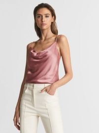 REISS KEEVA SATIN CAMI TOP PINK ~ women’s spaghetti strap tops ~ cowl neck camisole ~ luxe style draped neckline camisoles